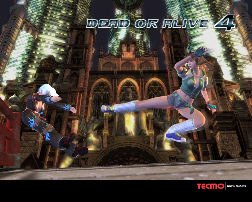 2girls 3d anime_screenshot black_pants blue_footwear breasts brown_hair cathedral christie_(doa) city cleavage copyright_name crop_top dead_or_alive dead_or_alive_4 fingerless_gloves gloves hitomi_(doa) kicking large_breasts leg_warmers logo midriff multiple_girls navel pants shoes short_shorts shorts sneakers tecmo white_hair