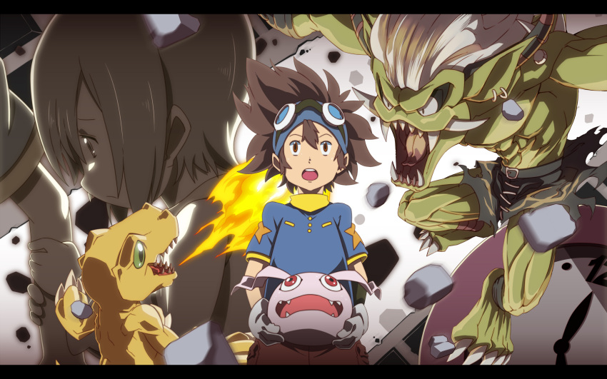 1boy abs agumon bad_id bad_pixiv_id belt breath_weapon breathing_fire brother_and_sister brown_eyes brown_hair claws debris digimon digimon_(creature) digimon_adventure earrings fire gloves goggles goggles_on_head green_eyes hajime_(hajime-ill-1st) highres horns jewelry koromon letterboxed male_focus open_mouth orgemon photoshop_(medium) sharp_teeth shirt shorts siblings sweat t-shirt teeth tongue torn_clothes white_gloves yagami_hikari yagami_taichi