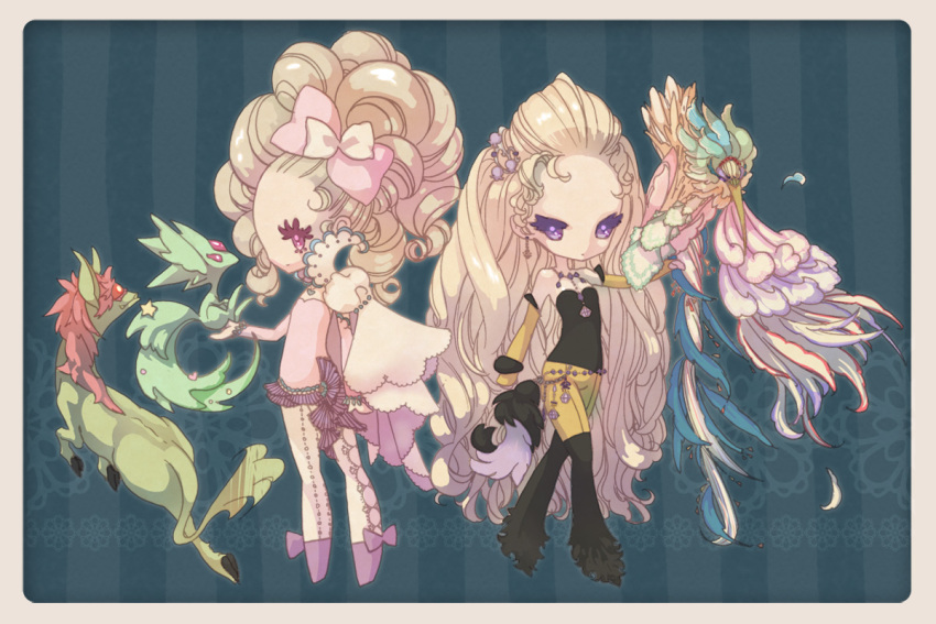 2girls blonde_hair carbuncle carbuncle_(final_fantasy) celes_chere detached_sleeves female final_fantasy final_fantasy_vi hair_ornament long_hair multiple_girls noromi pants pink_eyes pink_ribbon purple_eyes ribbon stockings thighhighs tina_branford very_long_hair violet_eyes