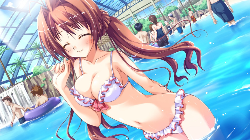 4girls 6+boys bikini blush breast_line breasts brown_hair cleavage closed_eyes game_cg indoors innertube iro_ni_ide_ni_keri_waga_koi_wa iro_ni_ide_ni_keri_waga_noi_wa large_breasts long_hair multiple_boys multiple_girls narumi_yuu nature pool sky smile suzueda_komachi swimsuit twintails wallpaper water