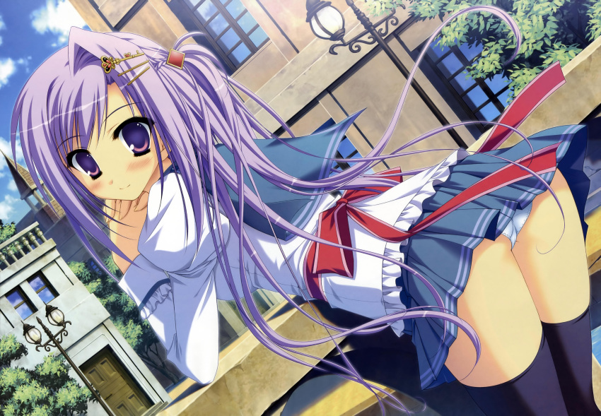 absurdres arm_support hair_ornament hairclip highres long_hair panties pantyshot prism_rhythm purple_eyes purple_hair school_uniform sesena_yau skirt solo thighhighs tokitou_kasumi underwear white_panties