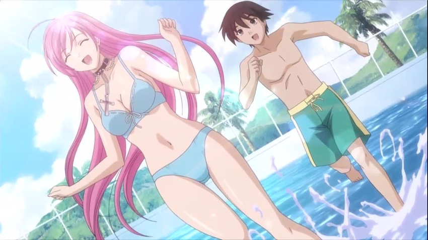 akashiya_moka aono_tsukune bikini cap closed_eyes collar long_hair open_mouth pink_hair pool rosario+vampire swimsuit