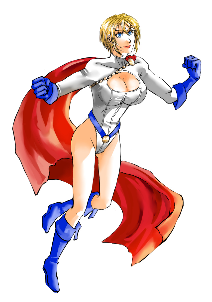 alien belt blonde_hair blue_eyes blue_shoes boots breasts cape cleavage cleavage_cutout dc_comics female female flying gloves highres kryptonian leotard petri power_girl red_cape shoes short_hair solo