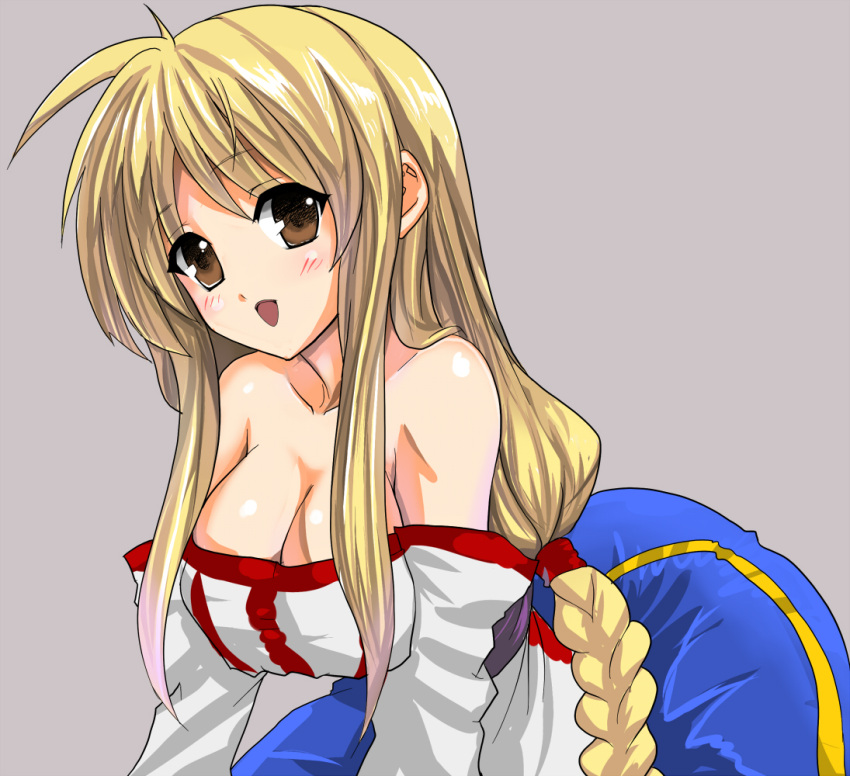 arc_the_lad arc_the_lad_ii bare_shoulders blonde_hair braid breasts brown_eyes cleavage dress erugiza female female lieza long_hair open_mouth simple_background single_braid solo