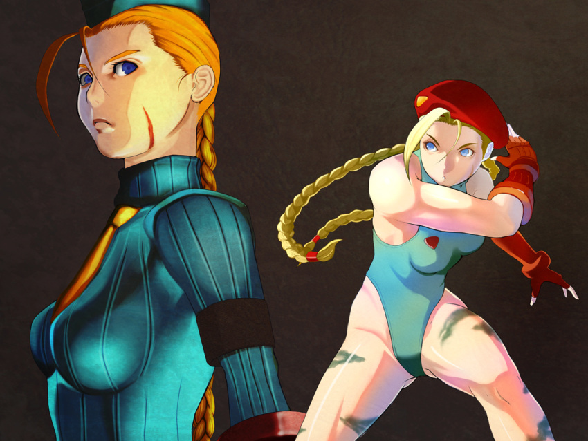 beret blonde_hair blue_eyes braid breasts cammy_white capcom female female fingerless_gloves gloves hat leotard long_hair necktie paint scar single_braid solo street_fighter takemaru08