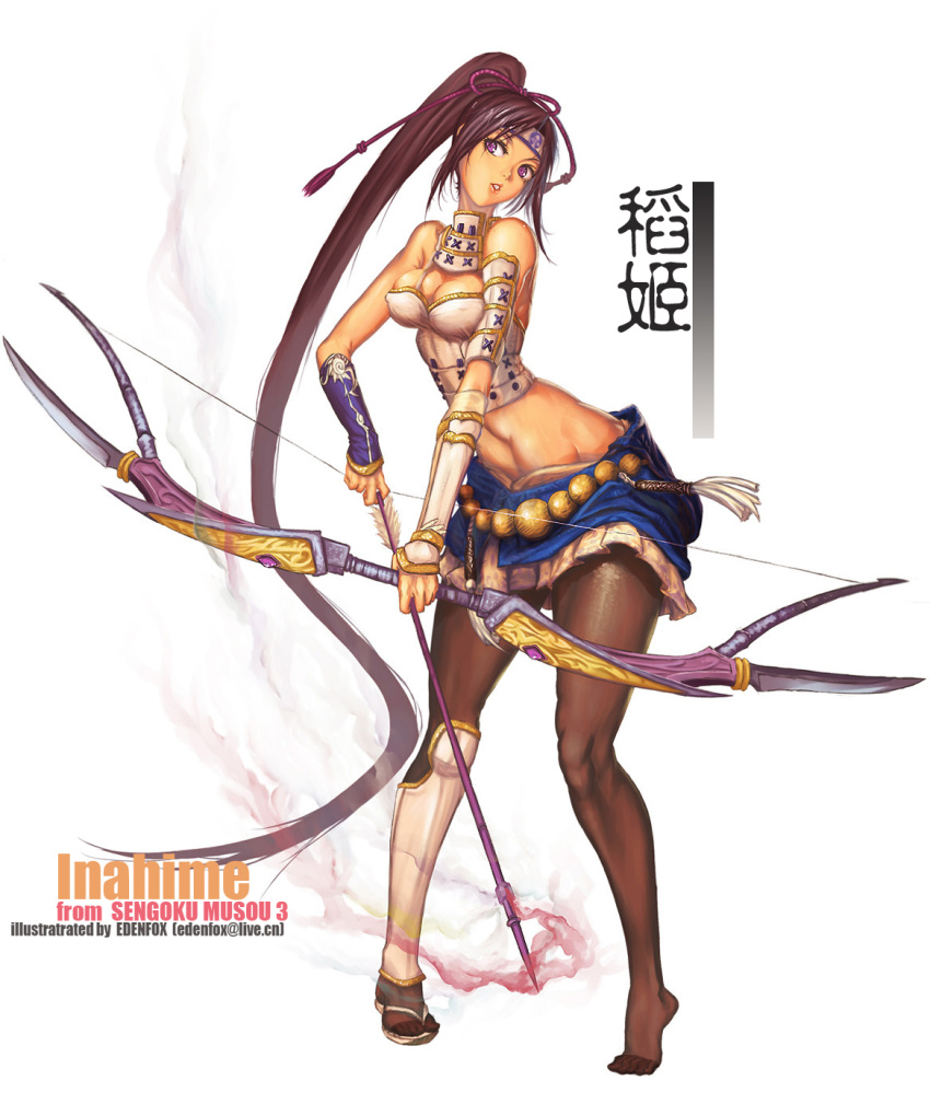 arrow bare_shoulders bow_(weapon) breasts brown_hair cleavage edenfox erect_nipples female female full_body headband highres inahime long_hair midriff miniskirt pantyhose ponytail purple_eyes sandals sengoku_musou skirt solo very_long_hair violet_eyes weapon white_background