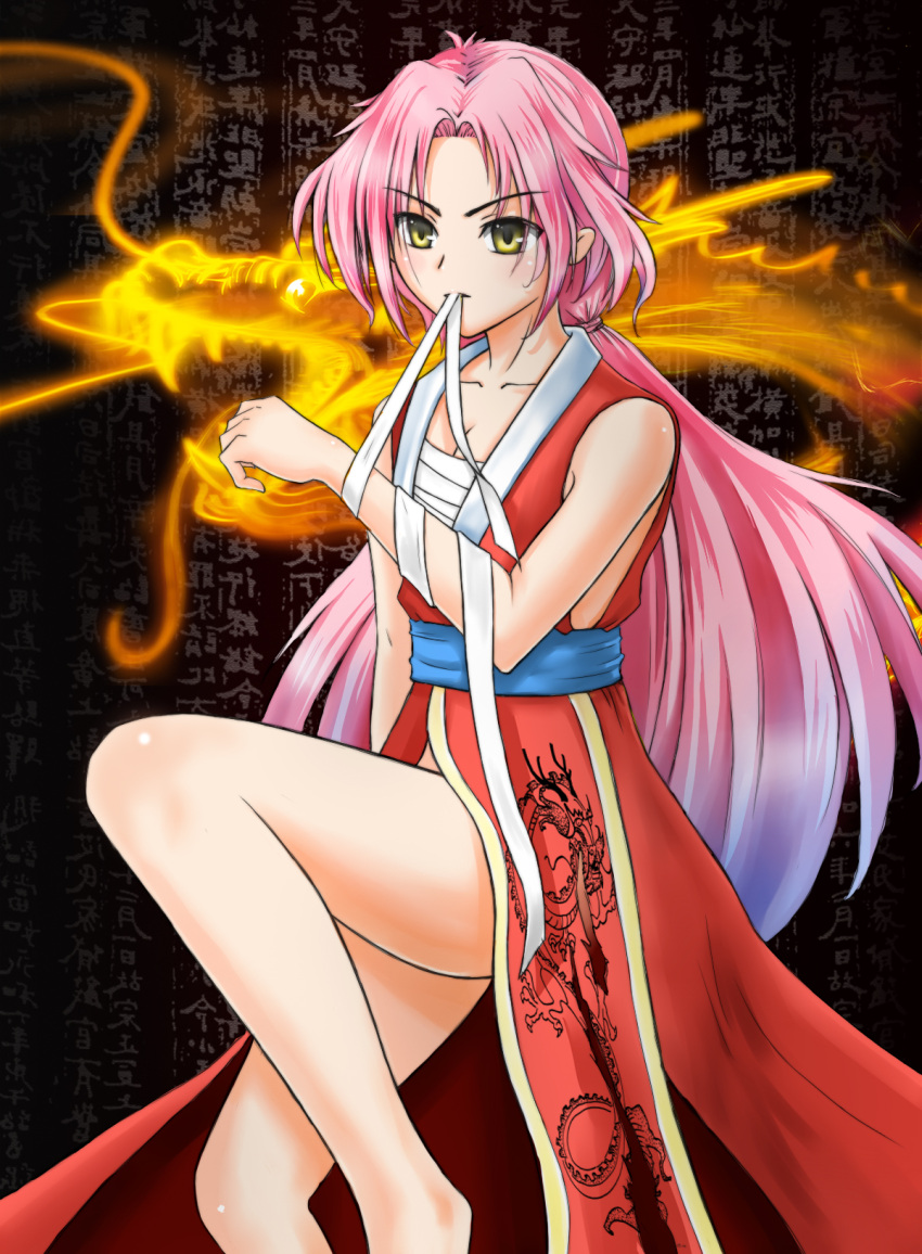 aniraiden bandage bandages female female genkai highres long_hair pink_hair solo yellow_eyes yu_yu_hakusho yuu_yuu_hakusho