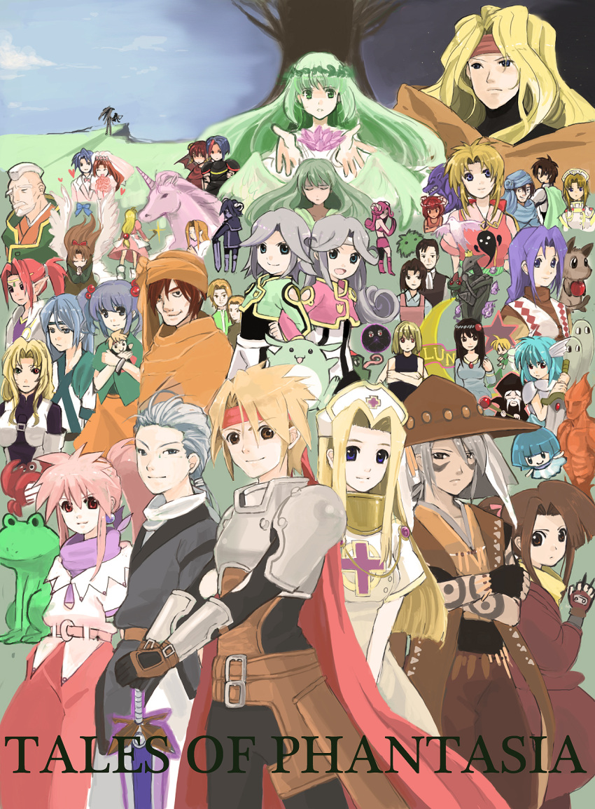 arche_klein chester_barklight cless_alvein crab dhaos dio_(tales) everyone fairy frog group highres klarth_lester martel mel_(tales) mint_adenade norn_(tales) suzu_fujibayashi tales_of_(series) tales_of_phantasia unicorn wings