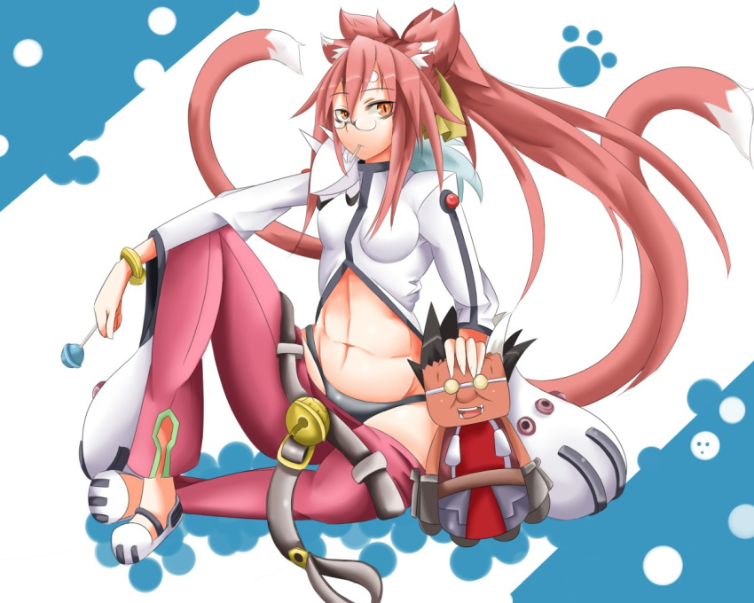 abs animal_ears arc_system_works bell black_hair black_panties blazblue blazblue:_calamity_trigger blue_hair bracelet candy cat_ears cat_eyes cat_tail doll female glasses hakumen helmet iron_tager jewelry kokonoe labcoat lollipop long_hair male midriff multiple_tails orange_eyes panties pink_hair pomgi ponytail red_skin ribbon short_hair sitting slit_pupils tail underwear yellow_ribbon