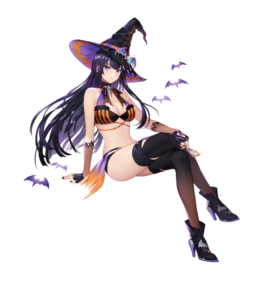 3: bare_shoulders bat_(animal) bikini black_bikini black_footwear black_gloves black_hair black_hat black_nails black_thighhighs breasts brooch candy cleavage crossed_legs female fingerless_gloves food frown full_body gloves gradient_legwear halloween halterneck hat high_heels highres holding jewelry king's_raid korean_commentary lollipop long_hair looking_at_viewer medium_breasts midriff nail_polish navel official_art purple_eyes revealing_clothes seria_(king's_raid) solo stomach striped swimsuit thighhighs thighs witch_hat