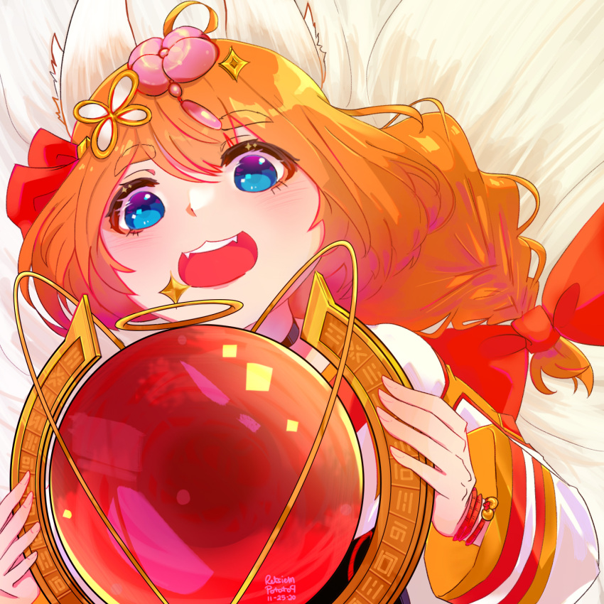 blue_eyes eight-tailed_fox_nari female fox_girl grin guardian_tales hair_ornament highres holding holding_weapon long_hair open_mouth orange_hair orb red_ribbon ret ribbon smile teeth upper_teeth_only weapon