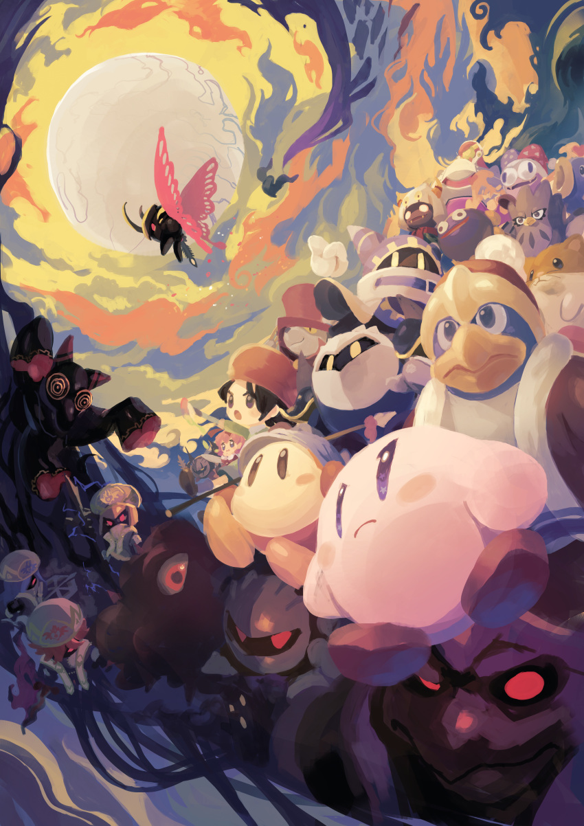 absurdres adeleine bandana bandana_waddle_dee beret blue_bandana business_suit_(kirby) butterfly_wings cloak coo_(kirby) corrupt_hyness dark_meta_knight daroach everyone fangs flamberge_(kirby) francisca_(kirby) glowing glowing_eyes gooey_(kirby) hat highres horns hyness insect_wings kine_(kirby) king_dedede kirby kirby:_star_allies kirby_(series) kracko magolor marx_(kirby) mask meta_knight midair morpho_knight no_humans okame_nin paintbrush parallel_dedede parallel_kracko parallel_meta_knight polearm rayman_limbs red_eyes ribbon_(kirby) rick_(kirby) serious spear susie_(kirby) taranza void_(kirby) void_termina weapon wings zan_partizanne