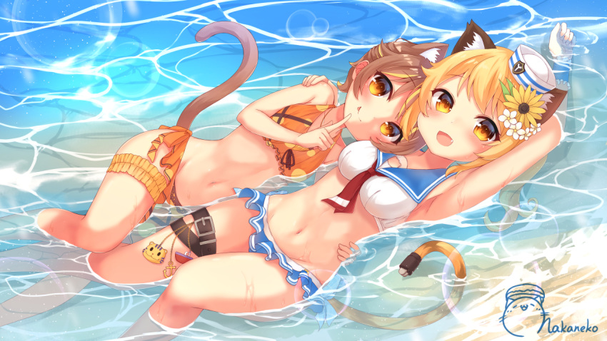 2girls :d :p animal_ears annin_miru arm_up armpits bikini bikini_skirt blonde_hair breasts bridal_garter brown_hair cat_ears cat_tail caustics closed_mouth flower groin hair_flower hair_ornament hand_on_another's_shoulder hoonie_(hoonie_friends) hoonie_friends index_finger_raised leg_belt long_hair looking_at_viewer maka_neko medium_breasts multicolored_hair multiple_girls navel necktie oerba_yun_fang open_mouth orange_eyes ponytail sailor_bikini sailor_collar short_hair smile stomach sunflower swimsuit tail thighs tongue tongue_out two-tone_hair virtual_youtuber water yahoo!