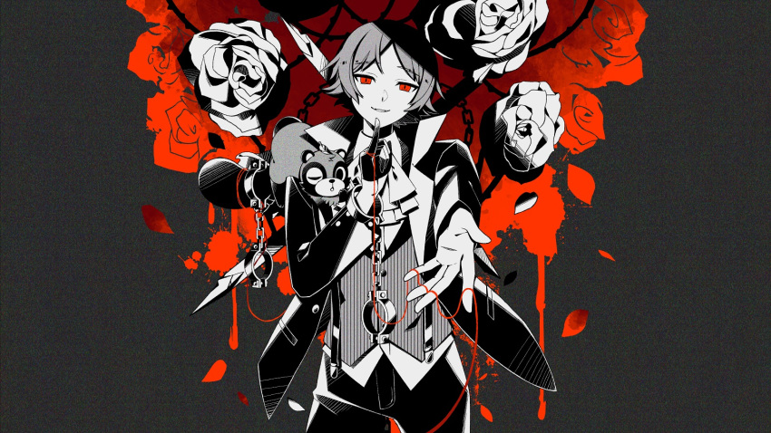 1boy animal animal_on_shoulder ascot collared_shirt commentary_request cowboy_shot cuffs flower grey_background hand_up handcuffs highres jacket long_sleeves looking_at_viewer male_focus monochrome nou_(nounknown) open_clothes open_jacket pants parted_bangs parted_lips raccoon red_eyes red_flower red_rose rose shirt smile solo standing string string_of_fate striped_clothes striped_vest urashimasakatasen uratanuki utaite vertical-striped_clothes vertical-striped_vest vest yamadanuki