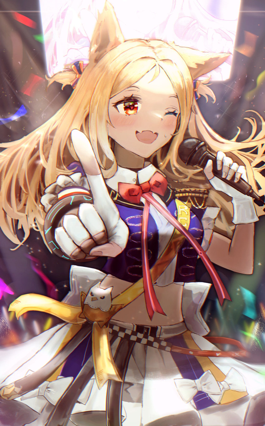 ;d absurdres animal_ears archetto_(arknights) archetto_(publicity_strategy)_(arknights) arknights bad_id bad_pixiv_id blonde_hair blush bow bowtie bracelet breasts commentary_request concert confetti cowboy_shot crop_top fangs female fingerless_gloves foreshortening gloves glowstick hachiko_(0088) highres holding holding_microphone index_finger_raised infection_monitor_(arknights) jewelry long_hair looking_to_the_side medium_breasts microphone midriff official_alternate_costume one_eye_closed open_mouth outstretched_arm red_bow red_bowtie red_eyes short_sleeves skin_fangs skirt smile solo stage stuffed_animal stuffed_bird stuffed_toy sweat two_side_up white_bow white_gloves white_skirt