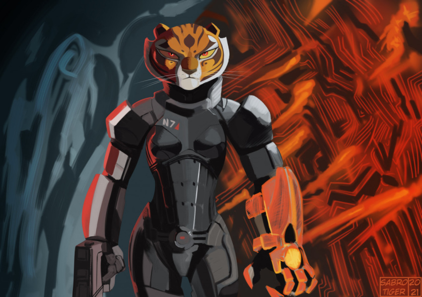 2021 abstract_background anthro armor bioware breasts clothed clothing crossover digital_media_(artwork) dreamworks electronic_arts felid female gun kung_fu_panda mammal mass_effect master_tigress n7 omni-tool pantherine ranged_weapon red_eyes sabrotiger small_breasts solo space_marine tiger weapon whiskers yellow_sclera