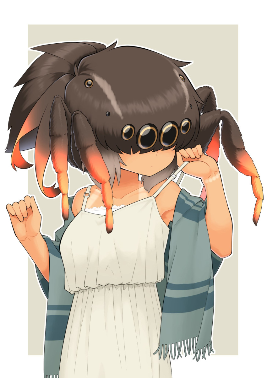 arthropod_girl beige_background bracelet_removed brown_hair commentary_request dress evolvingmonkey extra_eyes female hair_over_eyes hands_up highres long_dress long_hair looking_down off_shoulder original ponytail shawl simple_background solo spider_girl spider_itou tan tanlines upper_body white_dress