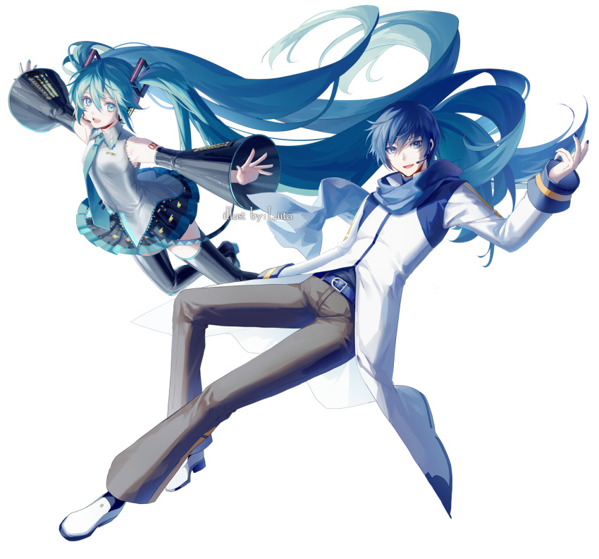 1boy aqua_eyes aqua_hair aqua_nails aqua_neckwear artist_name bare_shoulders belt black_legwear black_skirt black_sleeves blue_eyes blue_hair blue_nails blue_scarf coat commentary detached_sleeves female full_body grey_shirt hair_ornament hatsune_miku headphones headset highres kaito long_hair looking_at_viewer miniskirt nail_polish necktie open_mouth outstretched_arms pants pleated_skirt scarf shirt shoulder_tattoo skirt sleeveless sleeveless_shirt smile tattoo thighhighs twintails very_long_hair vocaloid white_background white_coat white_footwear yamiluna39 zettai_ryouiki