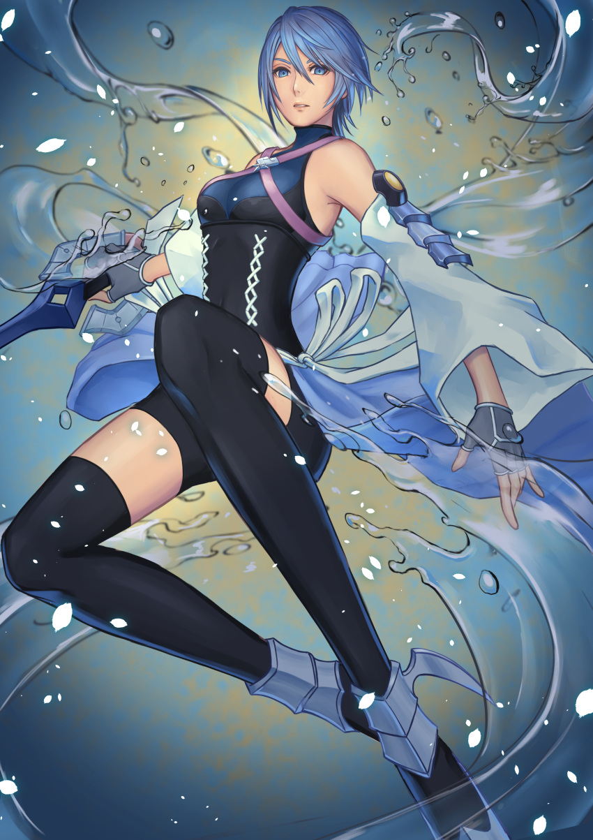 absurdres aqua_(kingdom_hearts) bike_shorts blue_eyes blue_hair detached_sleeves female fingerless_gloves gloves highres holding holding_weapon keyblade kingdom_hearts kingdom_hearts_iii looking_at_viewer parted_lips rainfell short_hair showgirl_skirt solo strap thighhighs water weapon yayokichi3