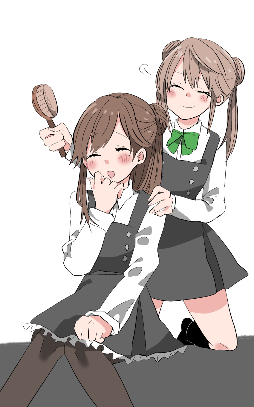 2girls absurdres alternate_hairstyle arashio_(kancolle) brown_hair closed_eyes commentary_request double_bun dress hair_brush hair_bun highres kantai_collection kneeling knees_together_feet_apart michishio_(kancolle) multiple_girls open_mouth pantyhose pinafore_dress sidelocks single_side_bun sleeveless sleeveless_dress smile twintails yoichi_(umagoya)