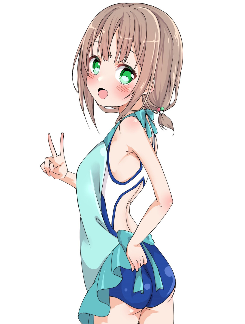 apron ass backless_swimsuit blue_apron blush commentary_request competition_swimsuit female green_eyes hair_bobbles hair_ornament high_school_fleet highres kawai_ritsu_(rits_meg) kinesaki_akane light_brown_hair looking_back medium_hair one-piece_swimsuit open_mouth ribbon school_swimsuit simple_background solo swimsuit v white_background yokosuka_girls_marine_high_school_swimsuit