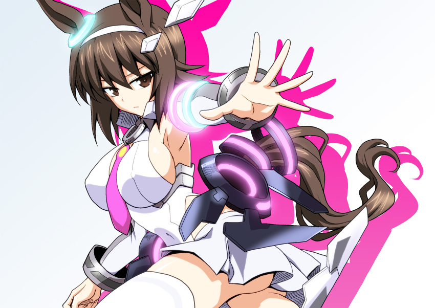 animal_ears between_breasts breasts brown_eyes brown_hair closed_mouth commentary cosplay covered_navel covered_nipples fake_animal_ears fake_tail female frown girls_und_panzer hairband highres horse_ears horse_girl horse_tail kamishima_kanon large_breasts leaning_forward looking_at_viewer mihono_bourbon_(umamusume) mihono_bourbon_(umamusume)_(cosplay) miniskirt necktie necktie_between_breasts nishizumi_maho pleated_skirt purple_necktie reaching reaching_towards_viewer short_hair silhouette simple_background skirt solo standing tail tail_ornament thighhighs umamusume white_background white_hairband white_skirt white_thighhighs