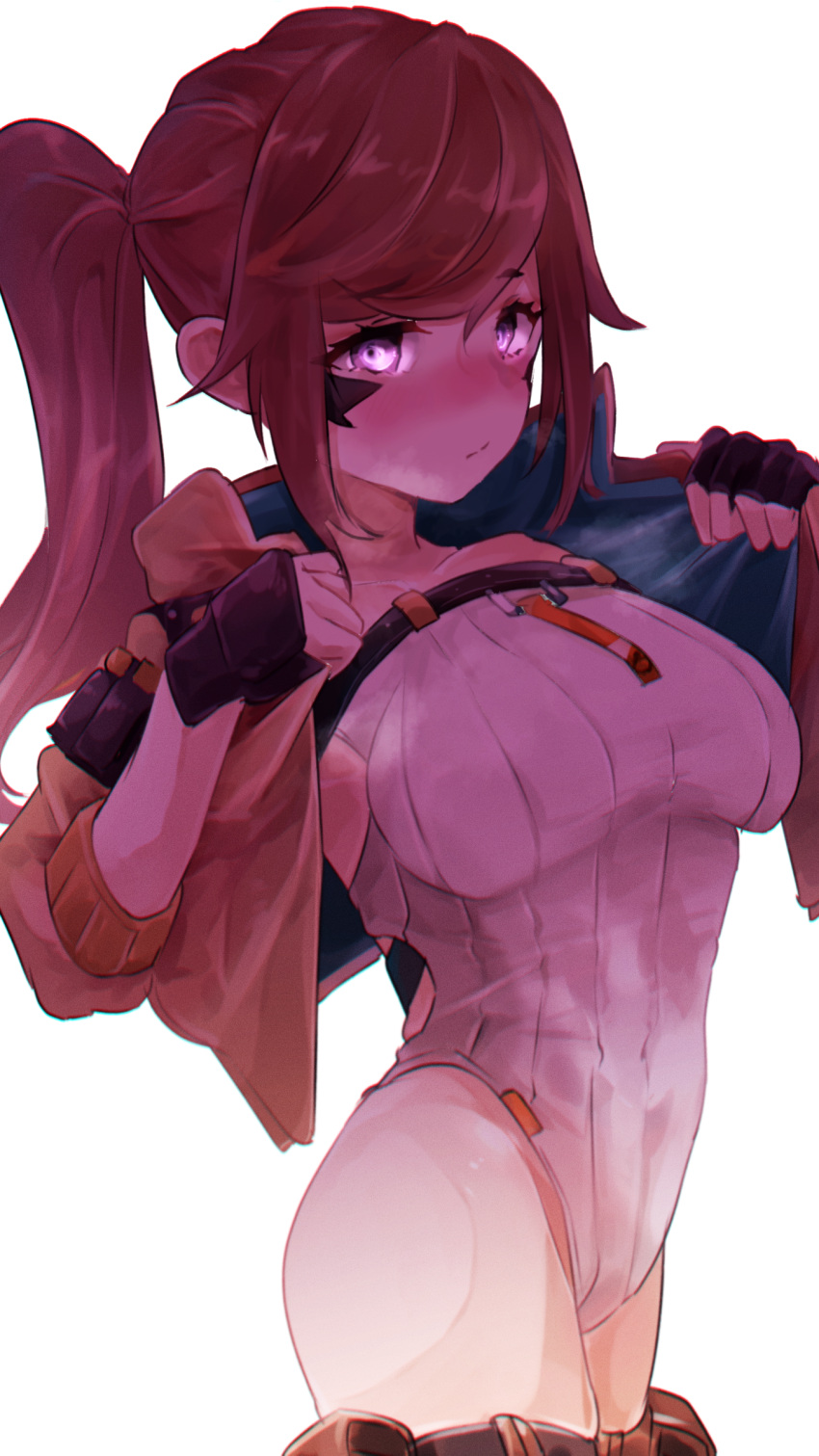 absurdres asymmetrical_bangs blush breast_strap breasts brown_hair facial_mark female fingerless_gloves gloves highleg highleg_leotard highres jacket kheshig_(last_origin) korean_commentary last_origin leotard looking_at_viewer medium_breasts mer_(mer3in) one_side_up purple_eyes ribbed_leotard shadow side_ponytail simple_background solo white_background white_leotard