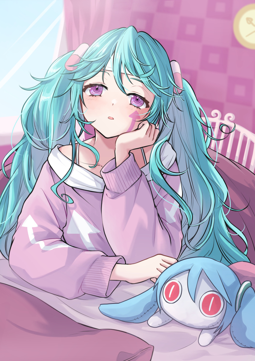 absurdres aimaina arm_support arrow_print bad_id bad_pixiv_id blanket blue_hair blurry blurry_background blush character_doll clock commentary facial_mark female half-closed_eyes hand_on_own_cheek hand_on_own_face hatsune_miku head_rest high_fever_(module) highres indoors long_hair long_sleeves lying messy_hair nagitofuu off-shoulder_shirt off_shoulder on_bed on_stomach pill_hair_ornament purple_eyes ringed_eyes shirt slit_pupils slow_motion_(vocaloid) solo stuffed_toy twintails under_covers very_long_hair vocaloid wall_clock window