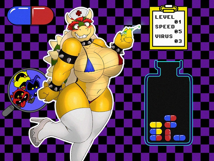 4:3 anthro armband big_breasts bikini blue_virus_(dr._mario) blush bowser breasts checkered checkered_background chill_(dr._mario) choker clothed clothing curvy_figure dr._mario dracojeff dragon english_text female fever_(dr._mario) footwear hair hat headgear headwear high_heels horn huge_breasts jewelry koopa legwear magnifying_glass mario_bros medical_instrument medical_syringe micro_organism_(organism) mtf_crossgender multicolored_clothing mythological_creature mythological_scalie mythology navel necklace nintendo nipple_outline non-mammal_breasts nurse nurse_clothing nurse_hat nurse_headwear nurse_uniform pattern_background puzzle red_eyes red_hair red_virus_(dr._mario) reptile rule_63 scalie scientific_instrument shoes simple_background skimpy smile spiked_armband spiked_choker spikes swimwear syringe text thick_thighs thigh_highs turtle uniform virus_(dr._mario) virus_(organism) voluptuous weird_(dr._mario) wide_hips yellow_virus_(dr._mario)