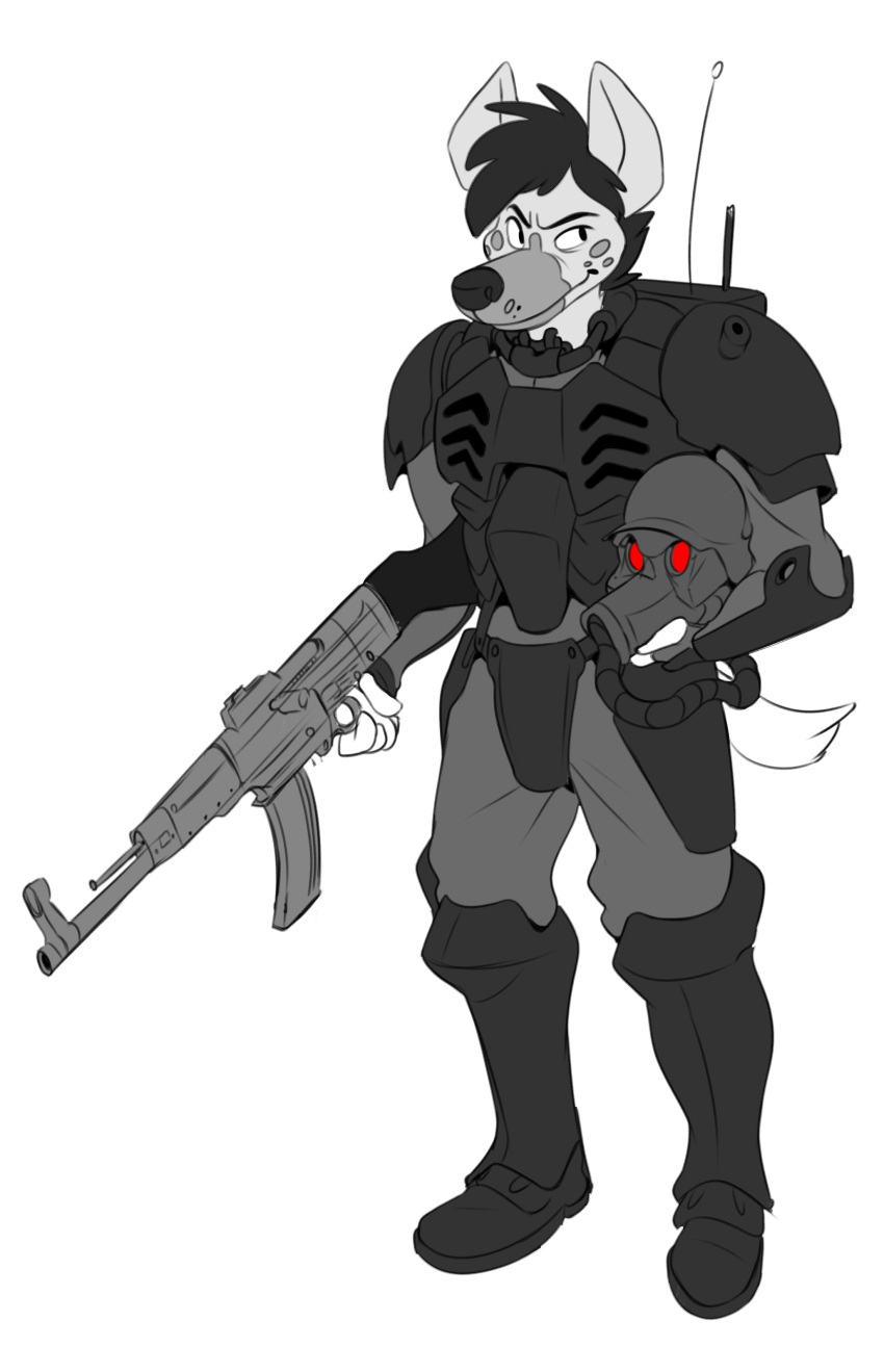 2019 absurd_res albert_reyes anthro armor clothed clothing digital_media_(artwork) fully_clothed headgear hi_res holding_object holding_weapon hyena kerberos_saga male mammal monochrome simple_background solo spotted_hyena thewilldpink weapon