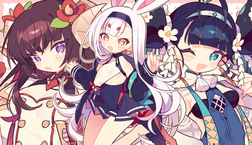 3girls animal_ears azur_lane blue_hair blush breasts brown_hair cleavage commentary_request hair_ornament highres katsuragi_(azur_lane) long_hair looking_at_viewer multiple_girls one_eye_closed open_mouth peroppafu purple_eyes rabbit_ears shimakaze_(azur_lane) simple_background small_breasts suruga_(azur_lane) white_hair