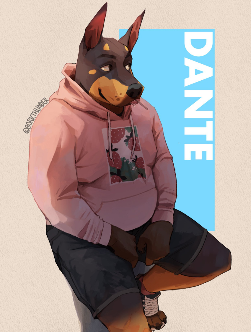 2023 anthro black_body black_fur borkthunder bottomwear canid canine canis clothing dante_(borkthunder) dobermann domestic_dog fur hi_res hoodie looking_away male mammal overweight overweight_male pinscher shorts sitting solo tan_body tan_fur topwear