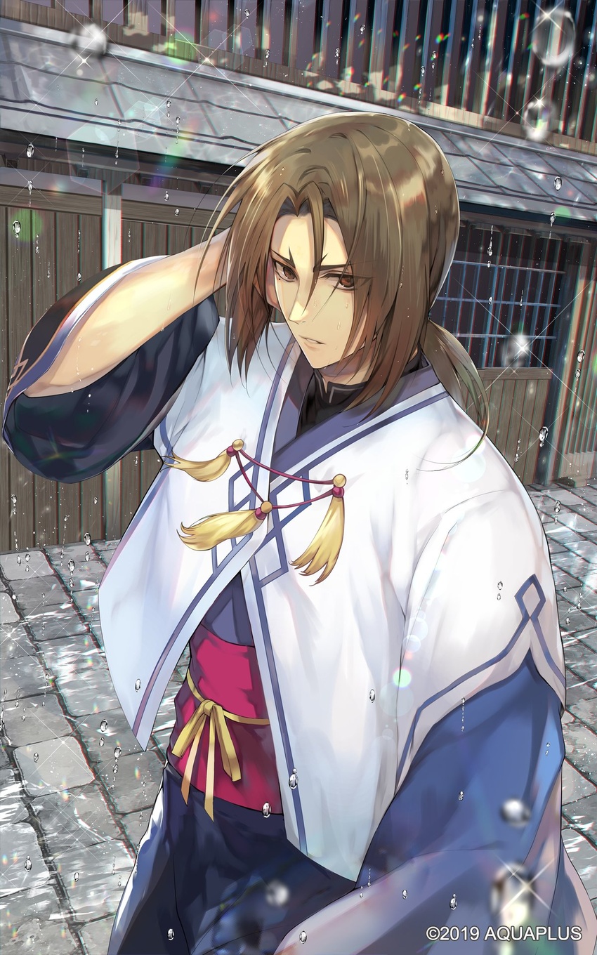 1boy brown_eyes brown_hair commentary_request eyes_visible_through_hair hand_up highres japanese_clothes looking_at_viewer low_ponytail male_focus medium_hair mole mole_under_eye oshtor parted_bangs parted_lips solo standing tcb utawarerumono utawarerumono:_lost_flag water_drop