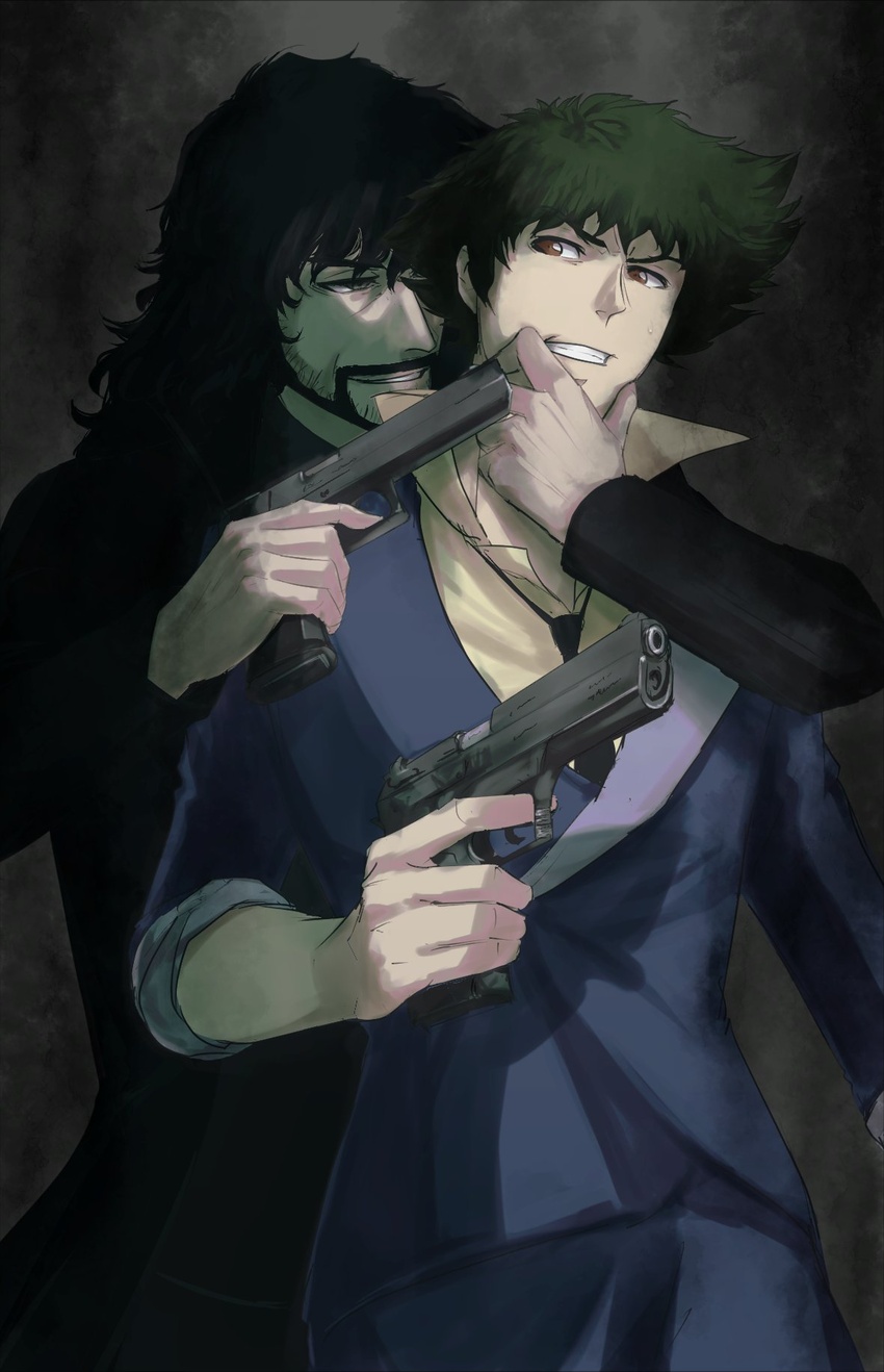 2boys beard black_hair cowboy_bebop cowboy_bebop:_knockin'_on_heaven's_door facial_hair formal green_hair gun handgun highres holding holding_gun holding_weapon iwi_jericho_941 male_focus multiple_boys necktie pointing_gun spike_spiegel syusyasentaku2 vincent_volaju weapon