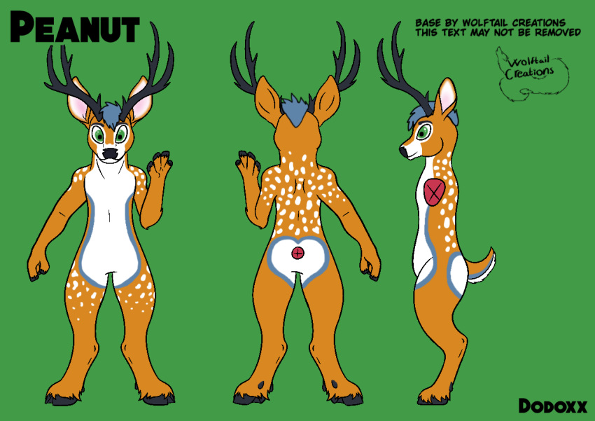 anthro antlers base_(disambiguation) biped brown_body brown_fur cloven_hooves deer dewclaw_hooves digital_media_(artwork) english_text flat_colors fur green_background hooves horn male mammal model_sheet simple_background solo text unguligrade watermark wolftail_creations