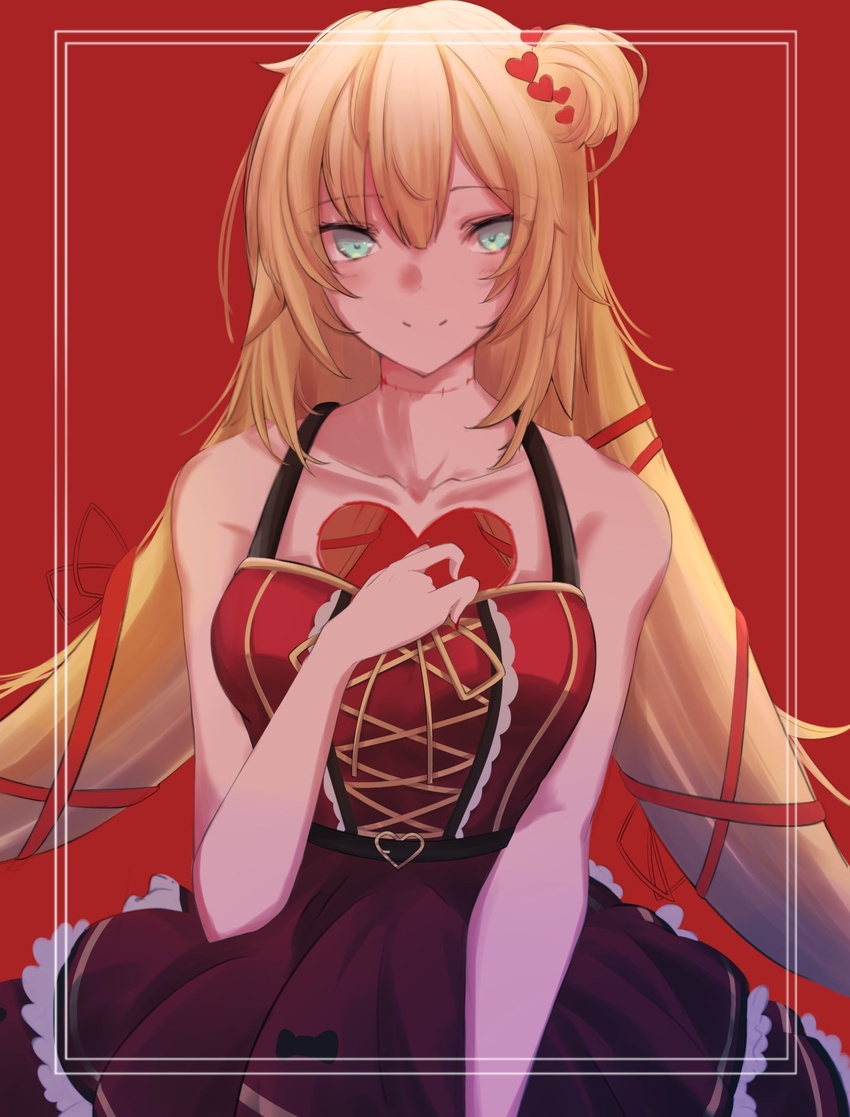 akai_haato akai_haato_(gothic_lolita) bare_arms bare_shoulders blonde_hair blue_eyes bow breasts cleavage dress female hair_between_eyes hair_ornament hair_ribbon heart heart_hair_ornament heart_on_chest highres hololive large_breasts long_hair looking_at_viewer low_twintails official_alternate_costume one_side_up pleated_dress protected_link red_dress ribbon scar scar_on_neck simple_background sleeveless sleeveless_dress smile solo twintails upper_body very_long_hair virtual_youtuber wataron