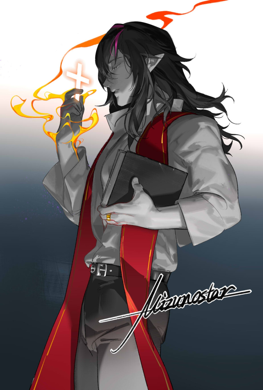 1boy arknights belt black_hair black_legwear book closed_eyes closed_mouth cross dress_shirt fire glowing_cross gradient_background highres holding holding_book holding_cross jewelry long_hair male_focus midnight_(arknights) mizuno_star multicolored_hair pointy_ears praying ring shirt signature solo streaked_hair