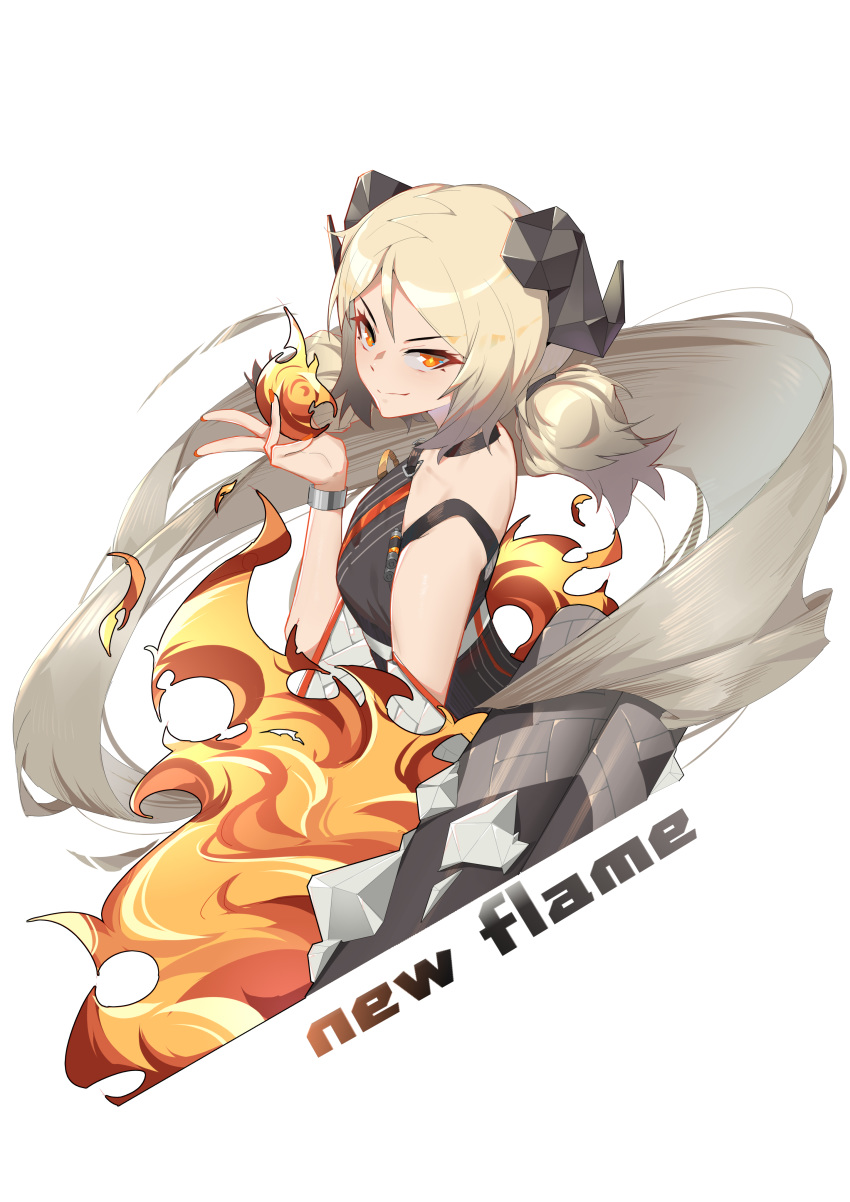 >:) absurdres arknights artist_name bare_shoulders black_choker breasts choker commentary_request female fire hand_up highres horns ifrit_(arknights) looking_at_viewer nail_polish newflame orange_eyes orange_nails originium_arts_(arknights) short_hair simple_background small_breasts smile solo upper_body v-shaped_eyebrows white_background white_hair