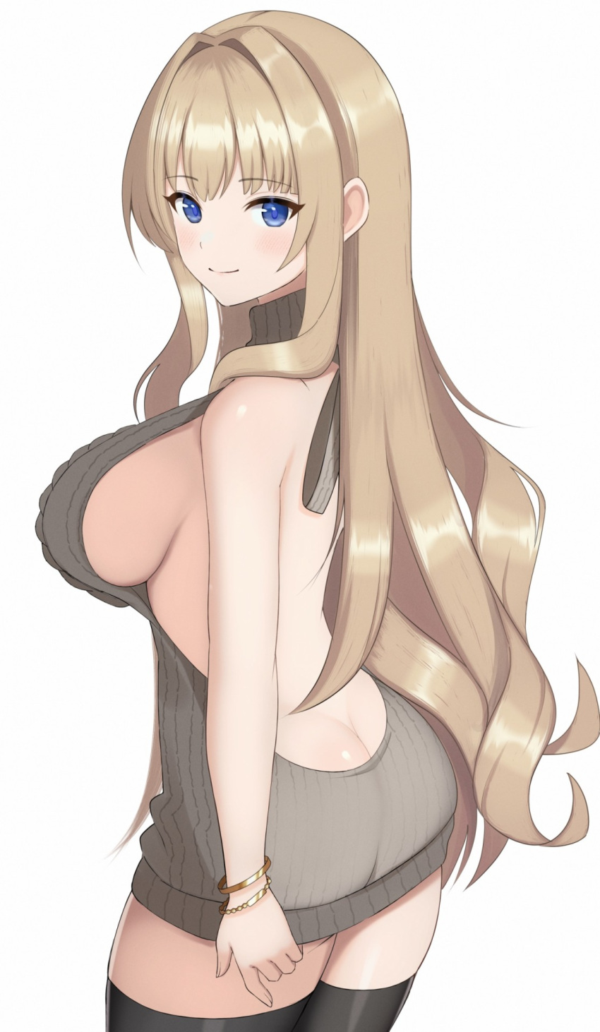 arched_back arm_at_side ass backless_dress backless_outfit bare_arms bare_back bare_shoulders black_thighhighs blue_eyes blush bracelet breasts butt_crack closed_mouth commentary cowboy_shot dolphin_wave dress female from_behind grey_sweater hair_intakes halterneck highres jewelry kirahoshi_kanna large_breasts light_brown_hair long_hair looking_at_viewer looking_back meme_attire ribbed_sweater sideboob sidelocks simple_background smile solo standing surippa1010 sweater sweater_dress thighhighs turtleneck turtleneck_sweater very_long_hair virgin_killer_sweater wavy_hair white_background