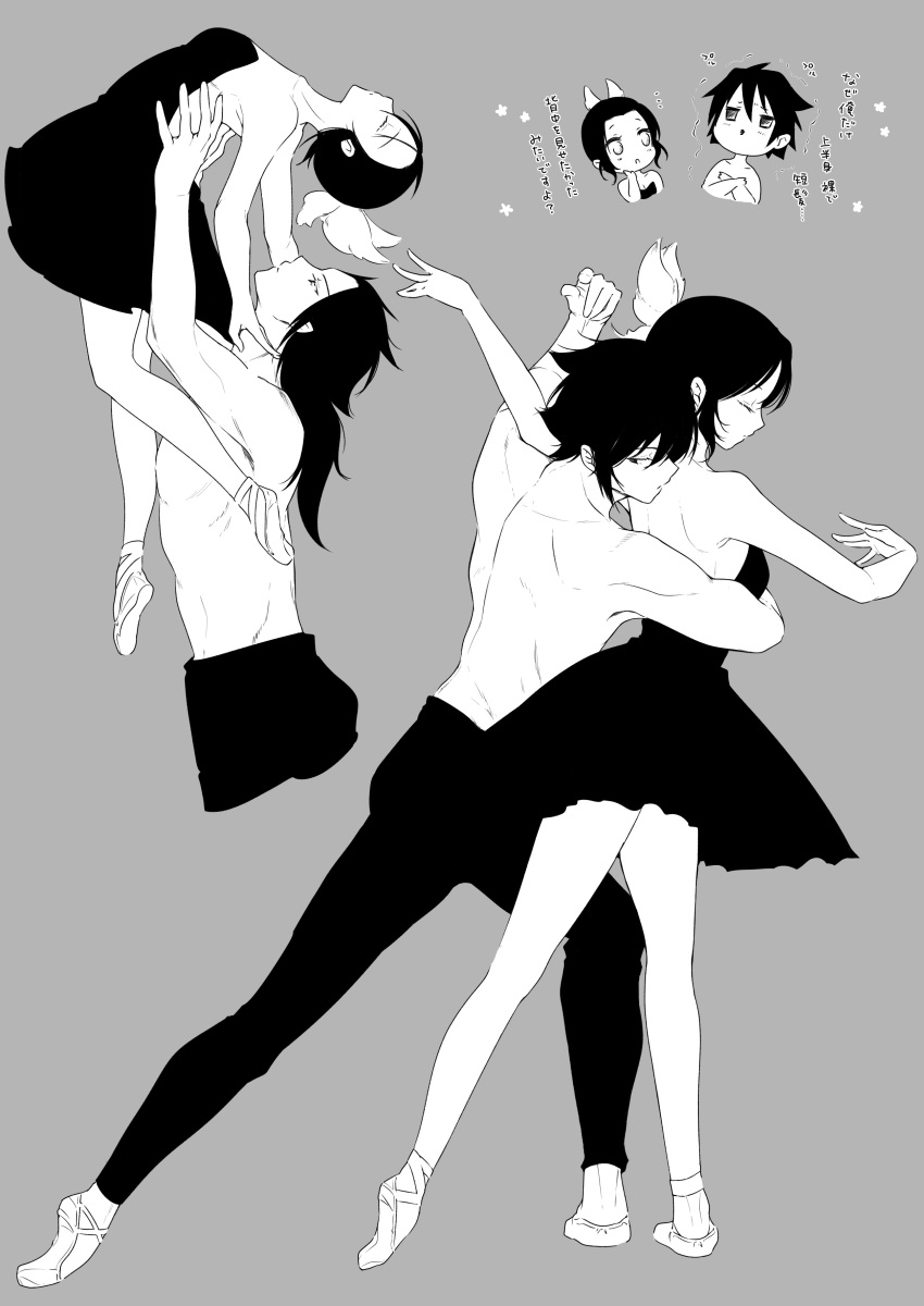 1boy absurdres arms_up backless_dress backless_outfit bad_id bad_pixiv_id ballerina ballet ballet_slippers bare_back bare_shoulders butterfly_hair_ornament carrying chibi closed_eyes commentary contemporary cropped_legs dancing dress facing_up female greyscale hair_ornament hand_up highres hug hug_from_behind kimetsu_no_yaiba kochou_shinobu lifting_person long_hair monochrome multiple_views outstretched_arm pants plantar_flexion profile sachinyopo scar scar_on_arm shoe_soles short_dress sideways_glance simple_background standing standing_on_one_leg strapless strapless_dress tomioka_giyuu topless_male tutu updo