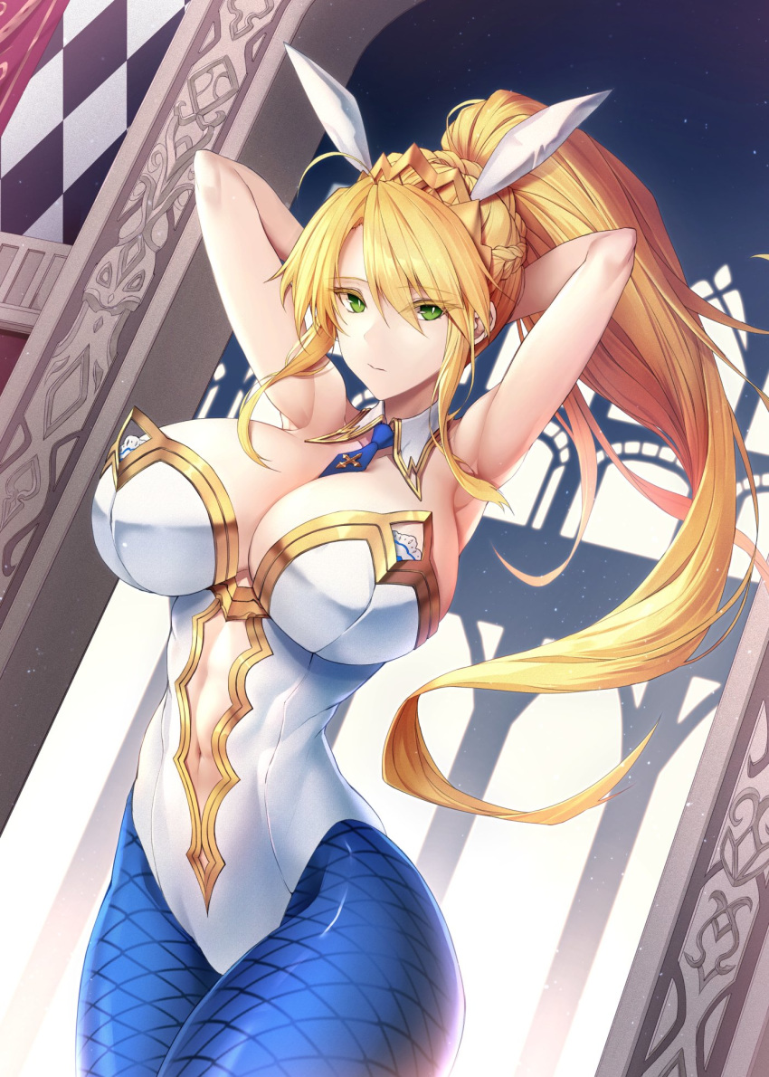 ahoge animal_ears armpits arms_behind_head arms_up artoria_pendragon_(fate) artoria_pendragon_(swimsuit_ruler)_(fate) bad_id bad_twitter_id blonde_hair blue_necktie blue_pantyhose braid breasts cleavage clothing_cutout detached_collar fate/grand_order fate_(series) feather_boa female fishnet_pantyhose fishnets french_braid green_eyes hair_between_eyes highleg highleg_leotard highres large_breasts leotard limeblock long_hair looking_at_viewer navel navel_cutout necktie pantyhose playboy_bunny ponytail rabbit_ears short_necktie sidelocks solo tiara white_leotard wrist_cuffs