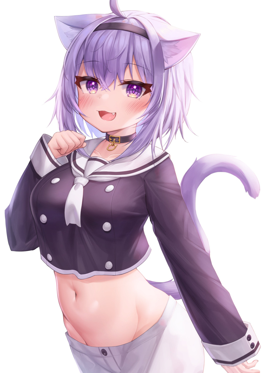 absurd_res accessory ahoge animal_humanoid big_breasts biped blush bottomwear breasts cat_humanoid clothed clothing collar crop_top cute_fangs deaver digital_media_(artwork) felid felid_humanoid feline feline_humanoid female front_view hair hair_accessory hairband hi_res hololive humanoid humanoid_hands inner_ear_fluff light_body light_skin looking_at_viewer low-riding mammal mammal_humanoid midriff monotone_hair navel okayu_nekomata open_mouth open_smile pants pink_inner_ear_fluff portrait purple_clothing purple_eyes purple_hair purple_shirt purple_topwear shaded shirt simple_background smile solo standing three-quarter_portrait topwear tuft vtuber white_background white_bottomwear white_clothing white_pants