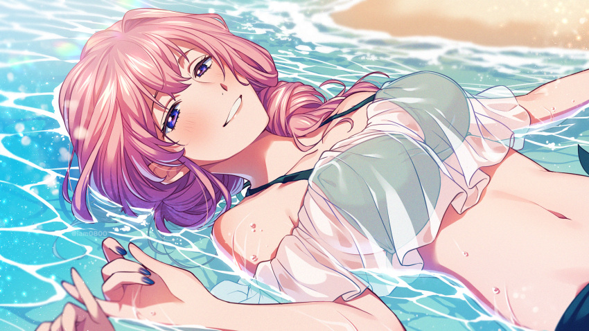 1other asada_hachi bangs banned_artist bare_shoulders beach bikini blue_nails blush breasts collarbone commentary day female highres kousaka_rei la_corda_d'oro la_corda_d'oro_starlight_orchestra large_breasts long_hair looking_at_viewer lying nail_polish navel ocean off_shoulder on_back out_of_frame outdoors parted_lips partially_submerged pink_hair pinky_swear pov pov_hands purple_eyes sand see-through shirt short_sleeves smile solo_focus swimsuit twitter_username water water_drop watermark wet white_shirt