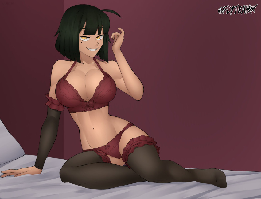 black_hair black_thighhighs bra breasts cleavage commentary english_commentary female flytrapxx hand_up highres large_breasts liz_(flytrapxx) medium_hair mole mole_under_eye navel on_bed original panties parted_lips red_bra red_panties sitting smile solo thighhighs twitter_username underwear underwear_only yellow_eyes