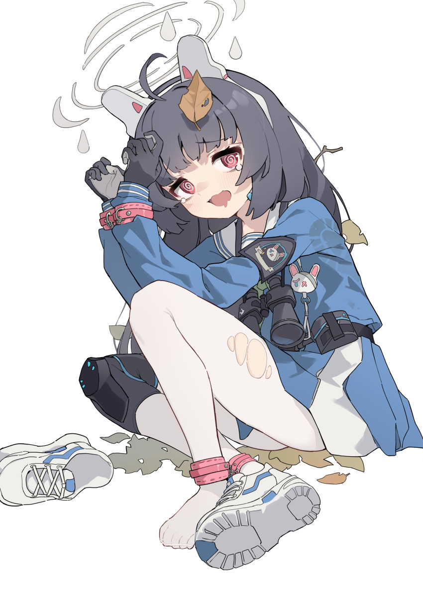 @_@ absurdres ahoge ankle_cuffs binoculars black_gloves black_hair blue_archive blue_serafuku blue_shirt blue_skirt blush cuffs dirty dirty_clothes female gloves halo handcuffs headgear highres iyasu_shikaku knee_pads leaf leaf_on_head looking_at_viewer miyu_(blue_archive) pantyhose pleated_skirt red_eyes sailor_collar scared school_uniform serafuku shirt shoe_loss shoes single_knee_pad single_shoe skirt solo torn_clothes torn_pantyhose white_background white_pantyhose white_sailor_collar