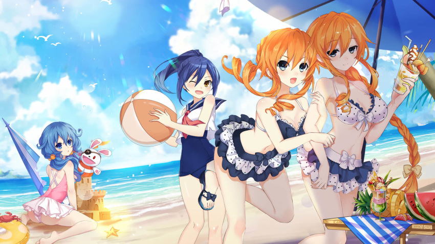 4girls animal_ears beach bikini bikini_skirt bird blue_eyes blue_hair blush braid braided_ponytail breasts brown_eyes cleavage closed_mouth cloud collarbone crab crown_braid date_a_live day drill_hair eyepatch food fruit hair_between_eyes hand_puppet highres holding ice_cream light_rays long_hair looking_at_viewer medium_breasts mole mole_under_eye multiple_girls navel official_art one-piece_swimsuit one_eye_closed open_mouth orange_hair outdoors parasol pineapple pineapple_slice pink_one-piece_swimsuit puppet rabbit_ears sailor_collar sailor_shirt sand_castle sand_sculpture school_swimsuit seagull shirt siblings sidelocks sisters small_breasts smile starfish swimsuit takamiya_mana twins umbrella very_long_hair watermelon yamai_kaguya yamai_yuzuru yoshino_(date_a_live) yoshinon