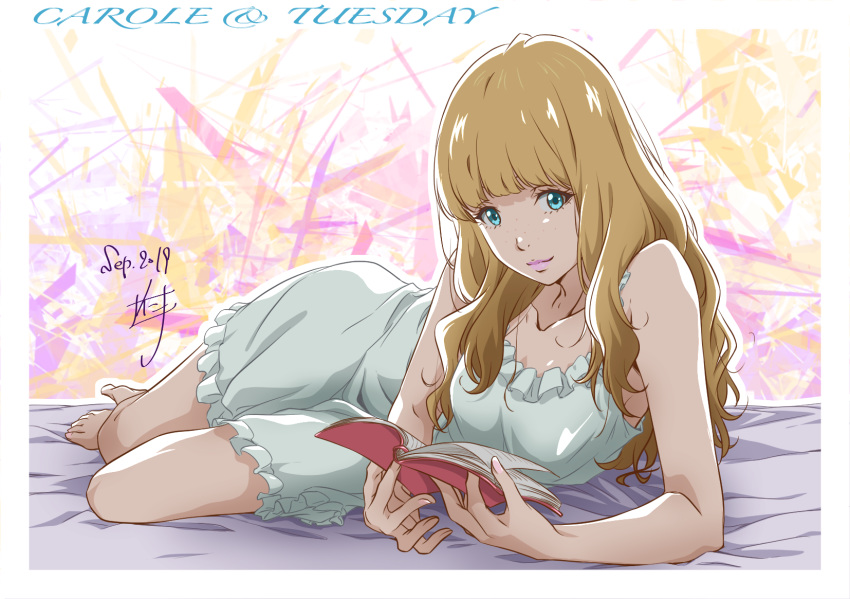 aqua_eyes bare_legs bare_shoulders barefoot blunt_bangs book carole_&_tuesday commentary copyright_name dated female freckles full_body highres holding holding_book light_brown_hair lipstick long_hair looking_at_viewer loungewear lying makeup nail_polish nii_manabu on_bed on_side open_book reading signature smile solo tuesday_simmons