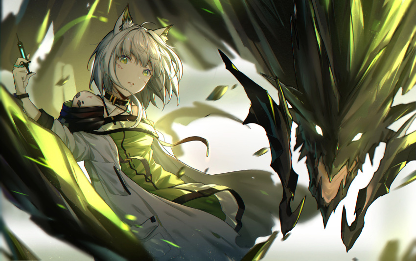 absurdres animal_ear_fluff animal_ears arknights bare_shoulders chinese_commentary commentary_request detached_collar dragon female green_eyes green_shirt highres jacket kal'tsit_(arknights) looking_at_viewer material_growth mon3tr_(arknights) oripathy_lesion_(arknights) shirt short_hair solo star_of_life watch white_jacket yumuto_(spring1786)