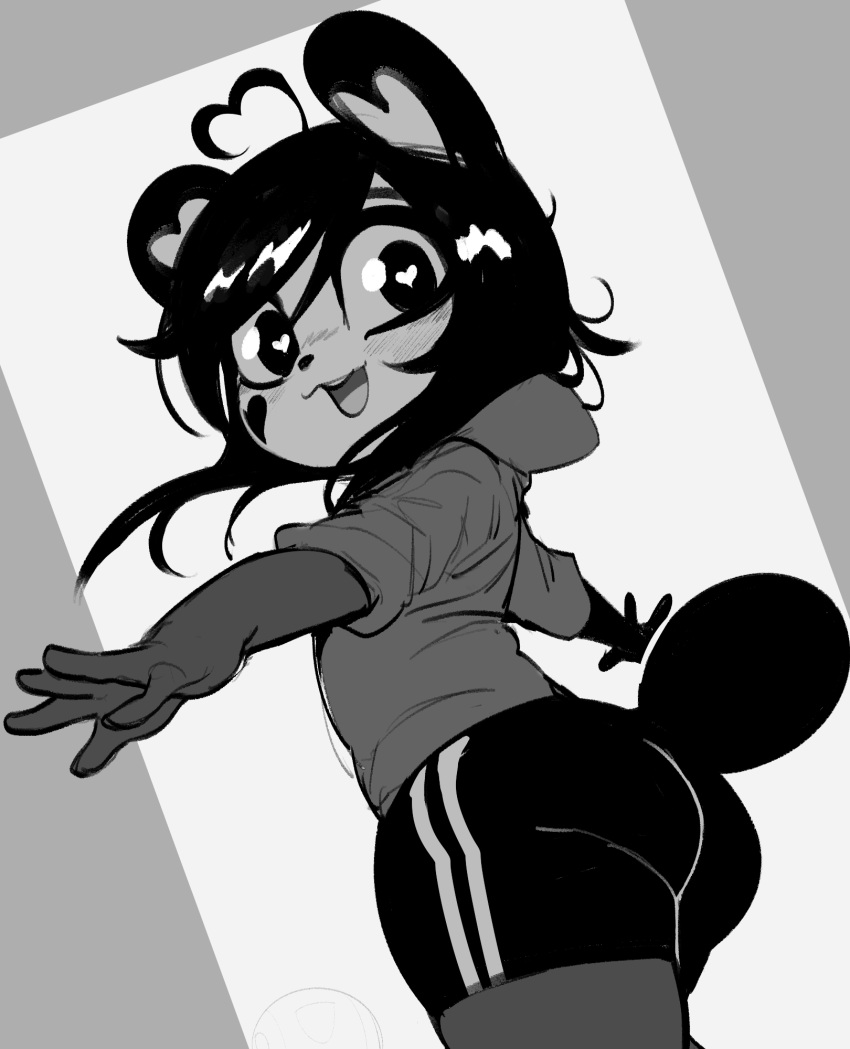 anthro ass bear black_hair bottomwear clothing female giant_panda greyscale hair heart_eyes heart_symbol hi_res kenny_(kenashcorp) krekk0v looking_at_viewer looking_back looking_back_at_viewer mammal monochrome open_mouth open_smile pose shorts smile solo spandex spandex_shorts tight_bottomwear tight_clothing tight_shorts