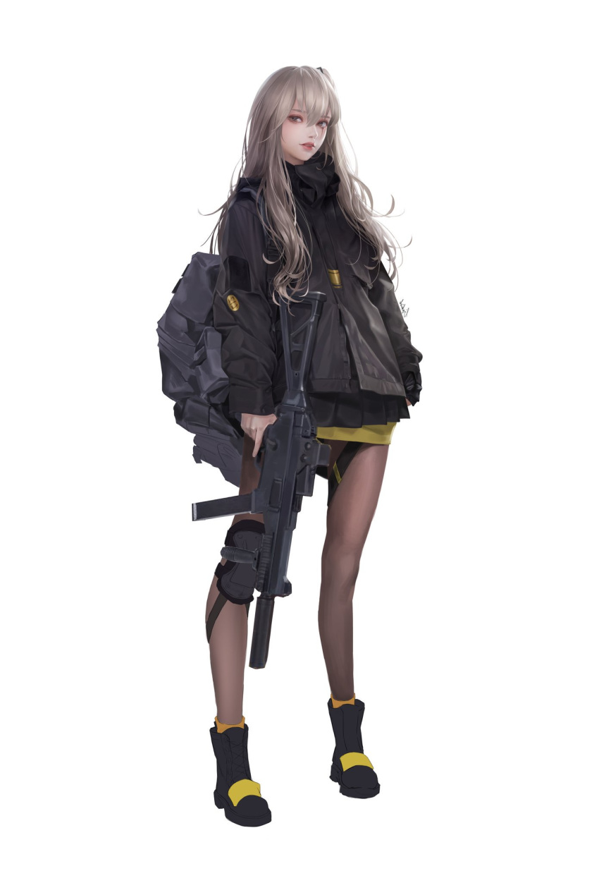 bad_id bad_twitter_id bag baggy_clothes black_footwear black_jacket black_pantyhose boots brown_eyes brown_hair brown_pantyhose commentary_request female full_body girls'_frontline grey_hair gun h&k_ump hair_between_eyes hair_ornament heckler_&_koch highres holding holding_gun holding_weapon jacket korean_commentary lips lizchief long_hair looking_at_viewer nose official_alternate_costume one_side_up pantyhose pleated_skirt scar scar_across_eye scar_on_face shell_jacket simple_background skirt smile solo submachine_gun trigger_discipline ump45_(girls'_frontline) ump45_(winter_journey)_(girls'_frontline) weapon white_background